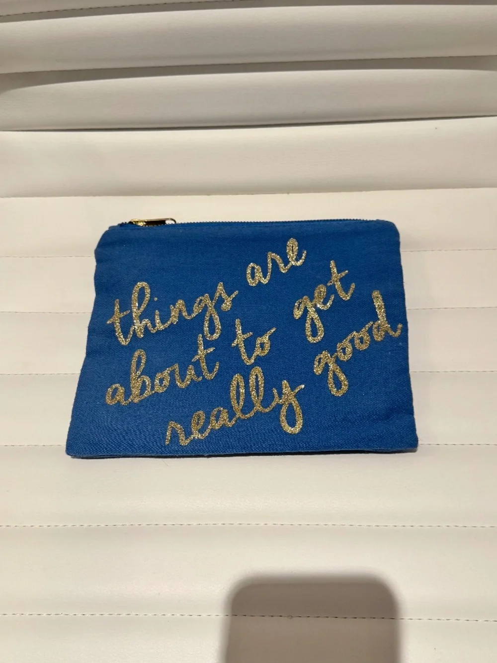 Charming Charlie Blue Canvas Makeup Bag Pouch Gold Glitter Quote Cosmetic Case